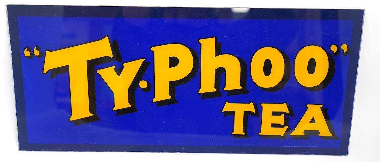 A Typhoo Tea rectangular printed glass advertising sign, 48cm wide, 22cm high. Condition - fair to good